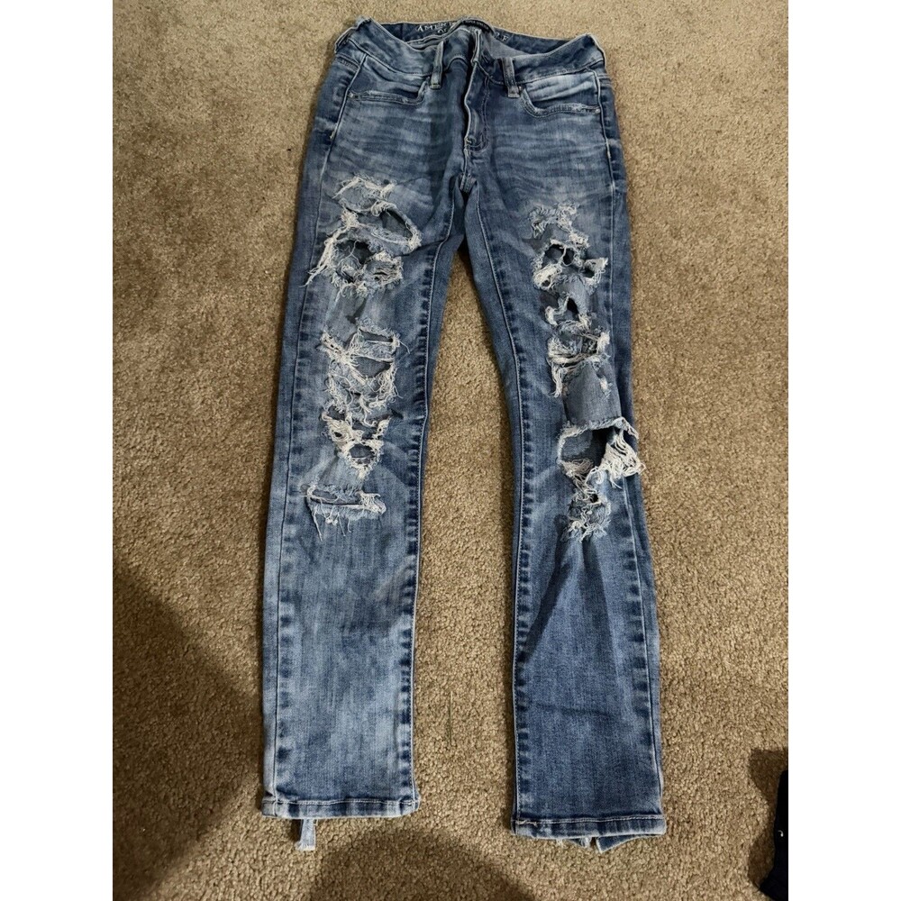 Womens American Eagle Size 00 Heavily Distressed Super Stretch Skinny Jeans